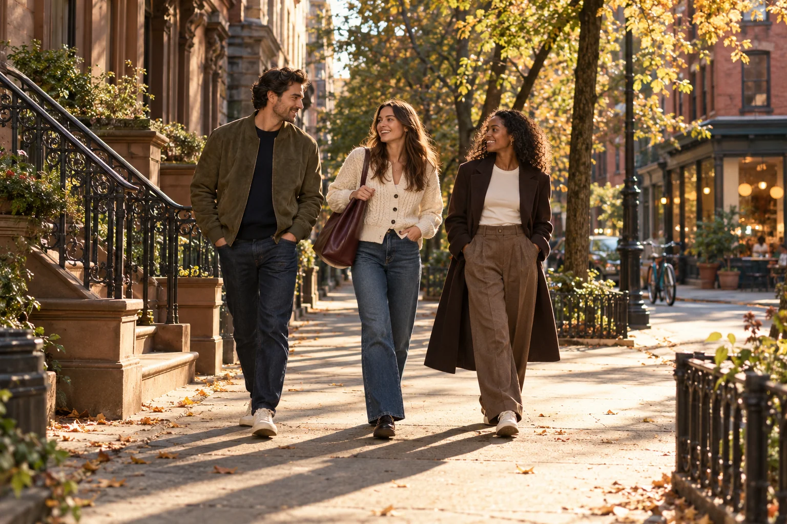 Friends in relaxed autumn layers on a sunny city street